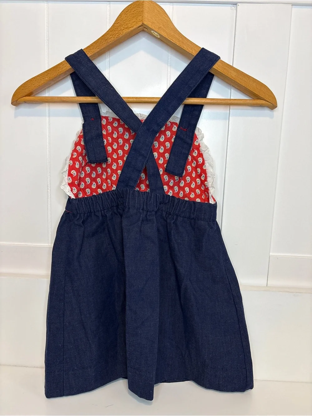 Vintage Healthtex Girls Denim Overall Jumper Dress Floral Embroidered